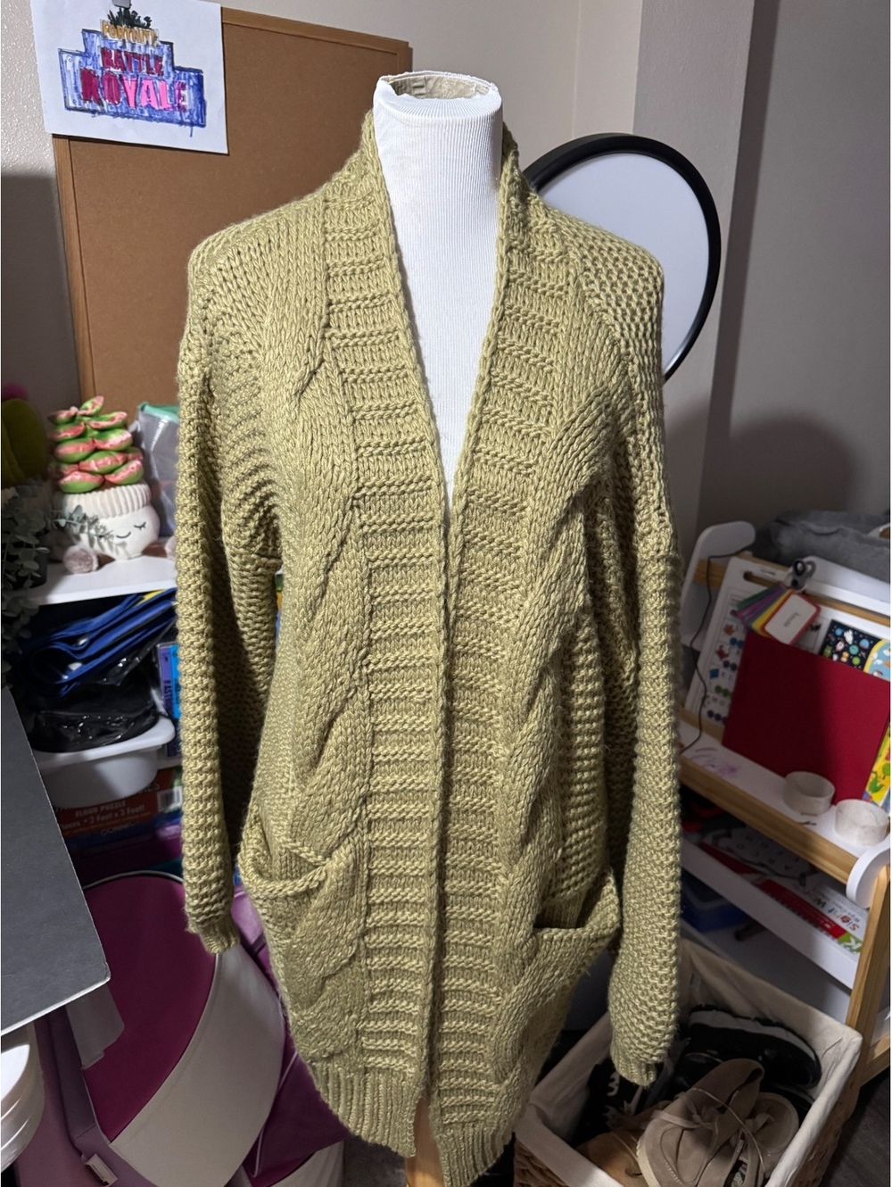 Bluivy Olive Green Chunky Knit Cardigan Sweater Medium